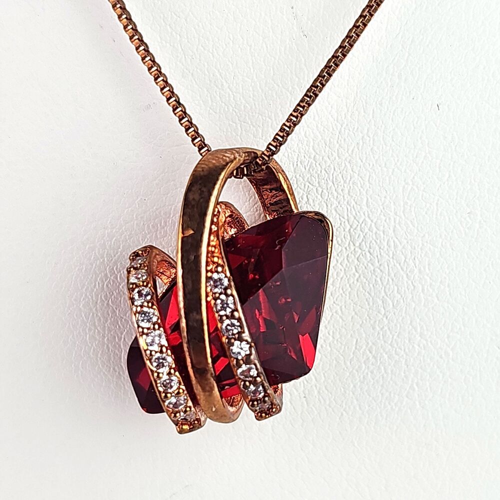 Birthstone Necklace Jan & July Ruby Red Gold Rose Tone Metal 18 in Total